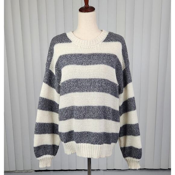 Z Supply Anders Stripe Oversized Sweater Tight Knit Cream Gray Size Medium - Picture 1 of 13